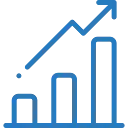 Un gráfico de barras simple con una flecha azul apuntando hacia arriba, que representa el crecimiento o el progreso sobre un fondo negro