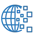 Un icono de globo terráqueo azul con formas cuadradas dispersas, que representan la conectividad global o la transferencia de datos