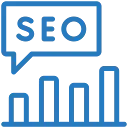 Una gráfico con el texto "SEO" y un icono de gráfico de barras en azul sobre un fondo oscuro, que sugiere el concepto de optimización de motores de búsqueda