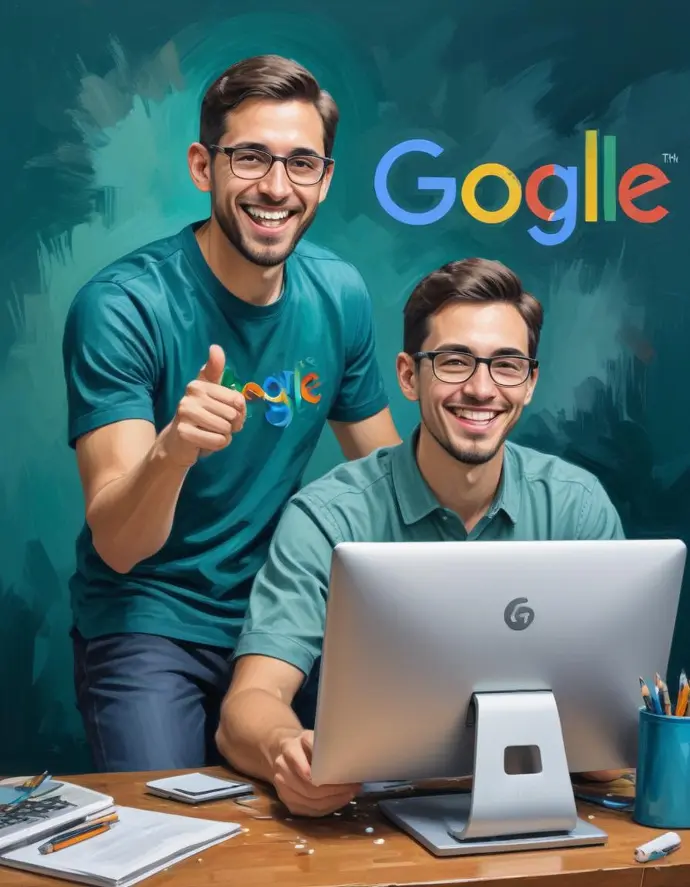 Dos jóvenes caucásicos sonrientes con camisetas de Google, sentados en un escritorio con un monitor de computadora