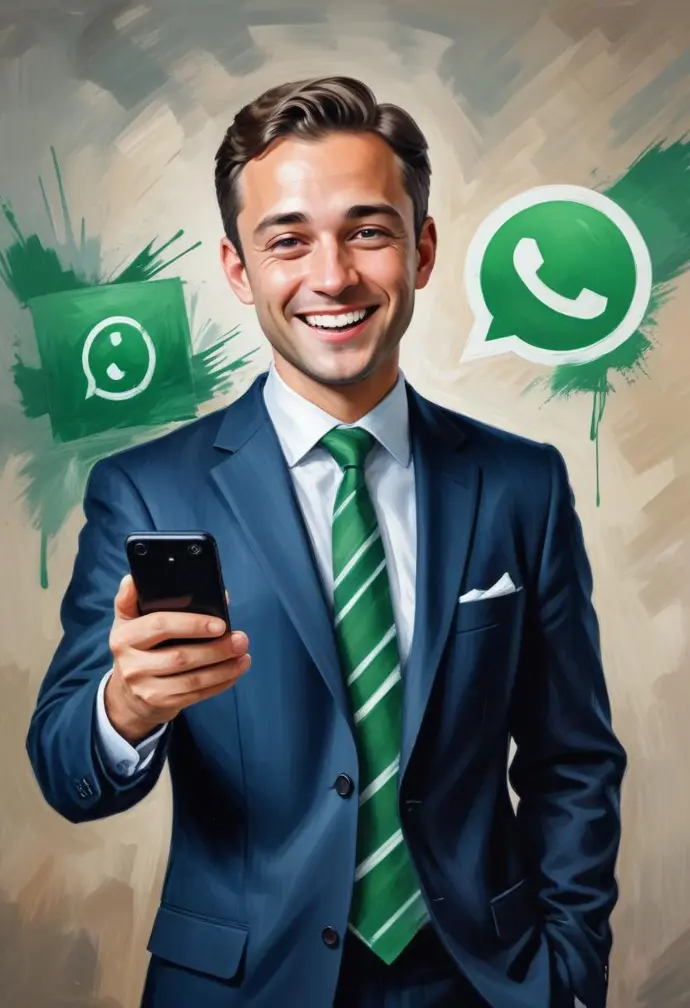 Un joven caucásico de unos 20 años, vestido con traje azul marino y corbata verde, sonríe y sostiene un teléfono inteligente frente a una pared cubierta de graffiti con el logo de WhatsApp.