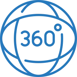 Un icono de cámara de 360 grados con un marco circular azul y el texto "360°" en el centro.