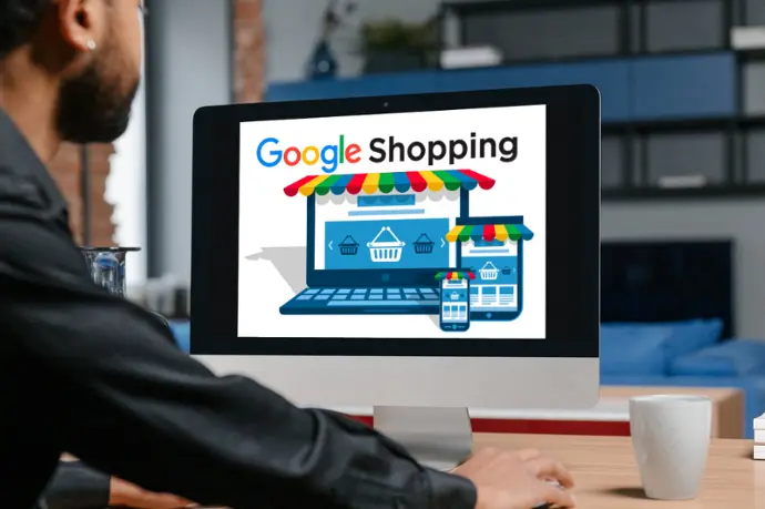 Una pantalla de computadora portátil que muestra el logotipo y la interfaz de Google Shopping y muestra una experiencia de compra en línea con una computadora portátil, dispositivos móviles y un ícono de carrito de compras.