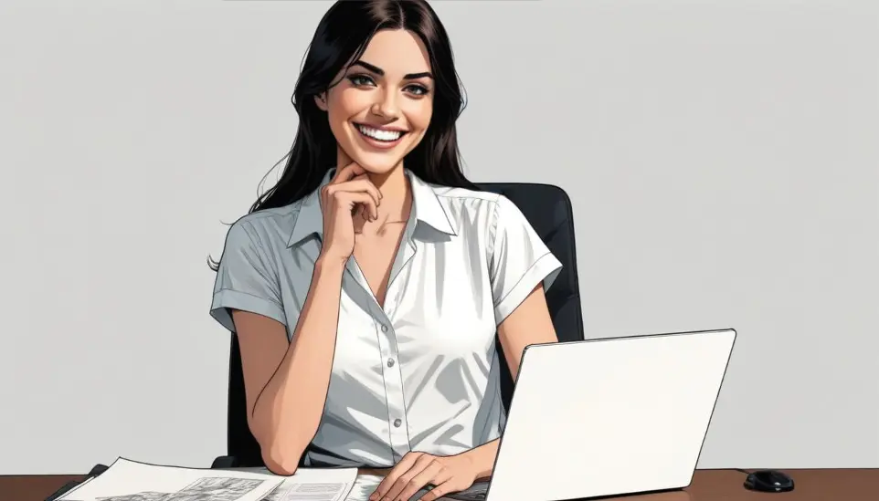 Una joven caucásica con cabello largo y oscuro, vestida con una blusa blanca y sentada en un escritorio frente a una computadora portátil, sonriendo