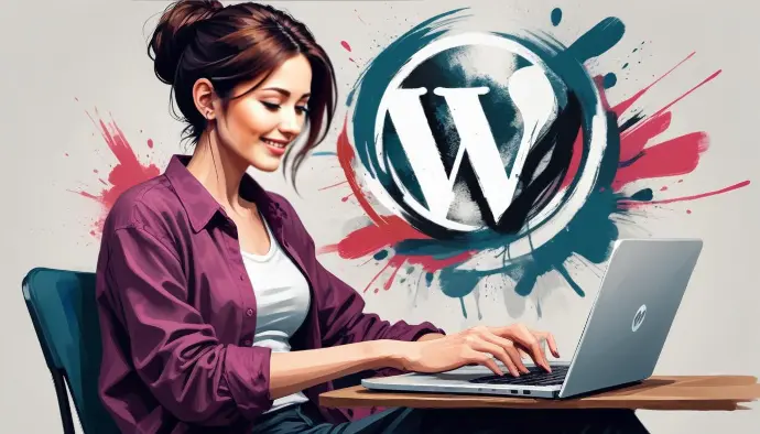 Una joven caucásica con cabello largo y oscuro, vestida con una chaqueta morada, sentada frente a una computadora portátil y trabajando en un sitio web de WordPress