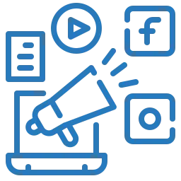 Una colección de íconos azules de redes sociales y marketing digital, incluido un botón de reproducción, el logotipo de Facebook, un megáfono y otros símbolos.