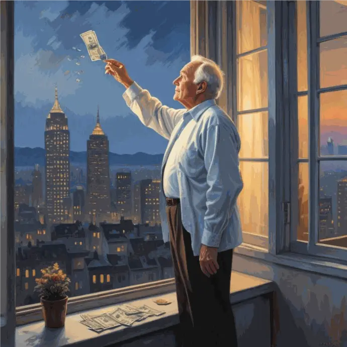 Un anciano caucásico con pelo corto gris y gafas, vestido con una camisa blanca, parado cerca de una ventana con vistas al horizonte de la ciudad al atardecer mientras saca billetes de papel por la ventana