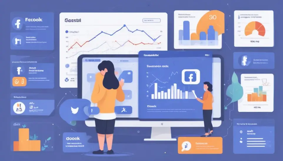 Una mujer joven con cabello largo y oscuro parada frente a una gran pantalla de computadora que muestra varios análisis de redes sociales y visualizaciones de datos. Junto a ella, un hombre interactúa con otra pantalla. El fondo presenta gráficos y tablas de datos adicionales, lo que sugiere un espacio de trabajo de análisis de marketing digital o redes sociales.