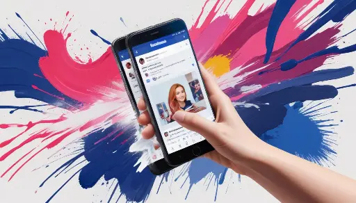 Una mujer joven con cabello largo y castaño tomándose un selfie con un teléfono inteligente en un fondo abstracto colorido