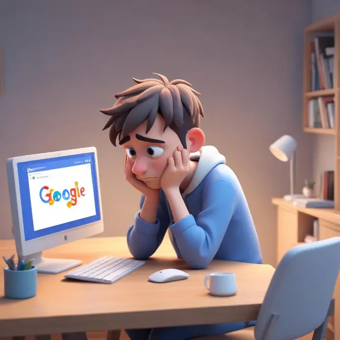 Un joven caucásico con cabello corto y oscuro sentado en un escritorio frente a una pantalla de computadora que muestra el logotipo de Google, luciendo frustrado o molesto.