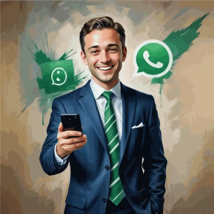 Un joven caucásico de pelo corto y oscuro vestido con un traje azul marino y una corbata verde, sosteniendo un teléfono inteligente y rodeado de logotipos de WhatsApp