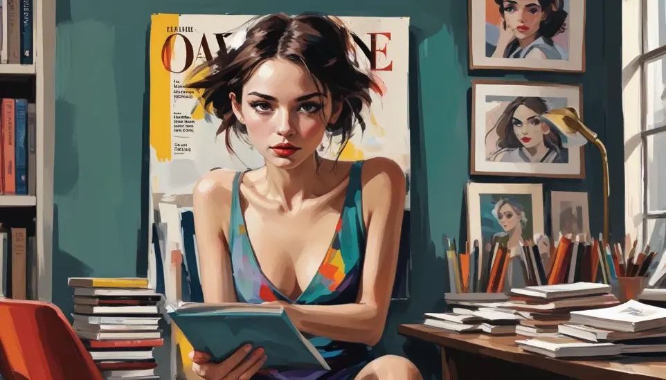 Una joven caucásica con el pelo corto y oscuro, vestida con una colorida camiseta a rayas, sentada en una silla y sosteniendo una revista