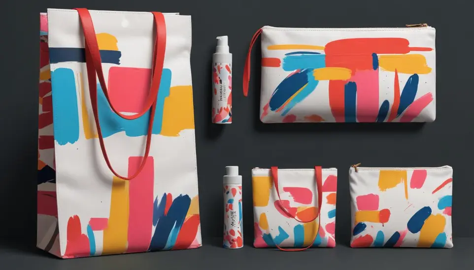 Formas y patrones abstractos coloridos en varios objetos, como una almohada, una bolsa de maquillaje y un contenedor de cosméticos.