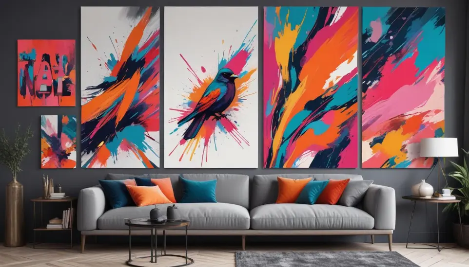 Pinturas abstractas coloridas que representan un pájaro vibrante con pinceladas atrevidas y toques de naranja, azul y rojo sobre un fondo neutro en paneles y carteles.