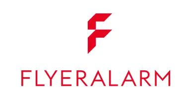 Logotipo de letra F roja sobre fondo blanco de la tipografía FlyerAlarm
