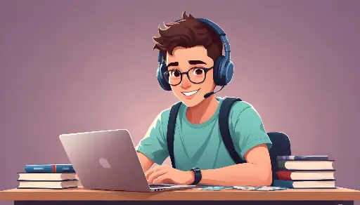 Un joven estudiante caucásico con cabello castaño y gafas, vestido con una camiseta verde y audífonos, sentado en un escritorio y usando una computadora portátil siguiendo cursos en línea