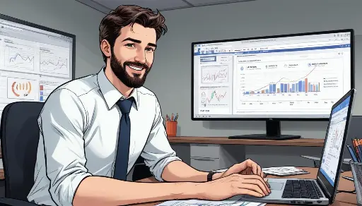 Un hombre caucásico de mediana edad con cabello y barba cortos y oscuros, vestido con camisa blanca y corbata, sentado en un escritorio y mirando una pantalla de computadora que muestra tablas y gráficos de estadísticas de anuncios de Facebook.