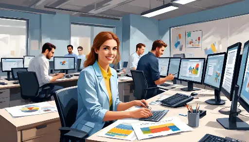 Una giovane donna dai capelli rossi con una giacca blu seduta a una scrivania in un ambiente d'ufficio, circondata da altre persone che lavorano alle loro scrivanie sui propri computer al SEO dei sitiweb dei clienti