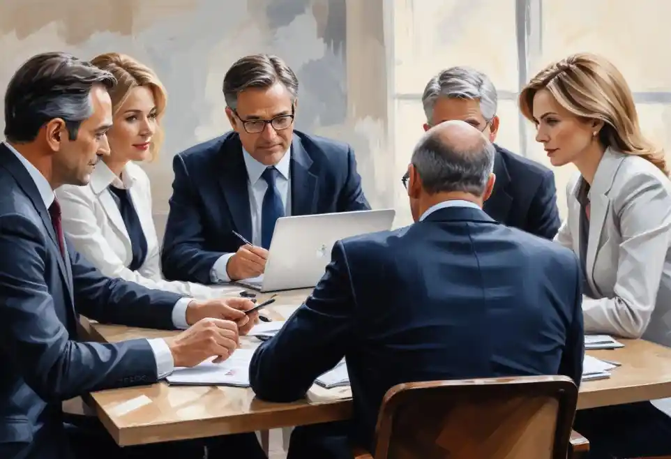 Un grupo de empresarios caucásicos de mediana edad y mayores vestidos con ropa formal sentados alrededor de una mesa de conferencias, participando en una reunión o discusión