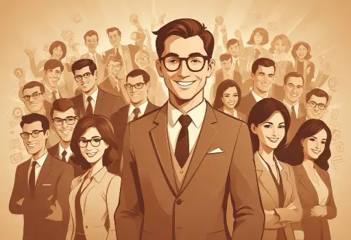 Retrato grupal de un hombre caucásico de mediana edad con cabello oscuro y gafas en el centro, rodeado por una multitud de personas vestidas de negocios