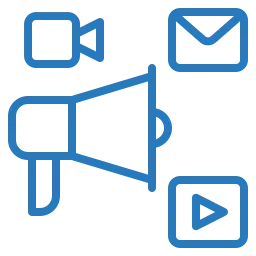 Iconos azules de vídeo, correo electrónico y audio sobre fondo negro