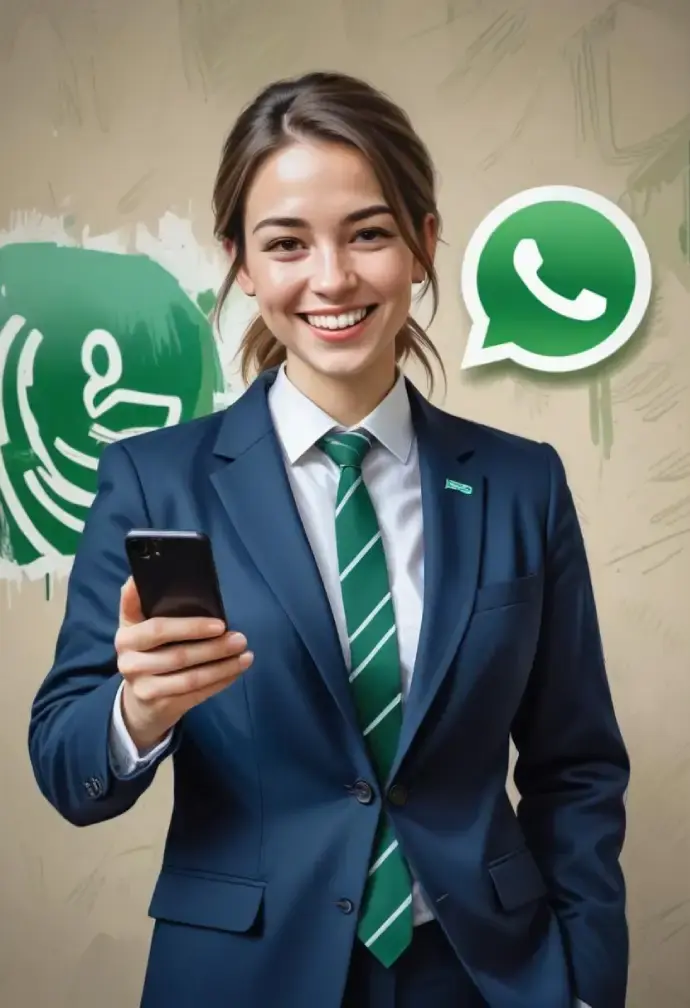 Una giovane donna caucasica con lunghi capelli castani che indossa una giacca blu navy e tiene in mano uno smartphone davanti a uno sfondo verde con il logo di WhatsApp