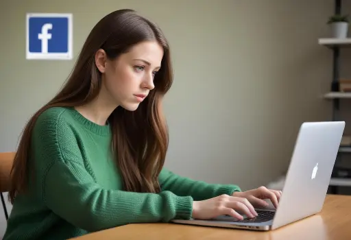 Una joven caucásica con cabello largo y castaño, vestida con un suéter verde, sentada en un escritorio y escribiendo en una computadora portátil