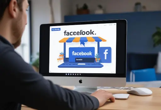 Una persona que usa una computadora con el logotipo y la interfaz de Facebook mostrados en la pantalla.