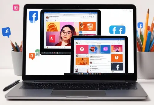 Young woman with long dark hair smiling on a laptop screen, surrounded by various social media app icons