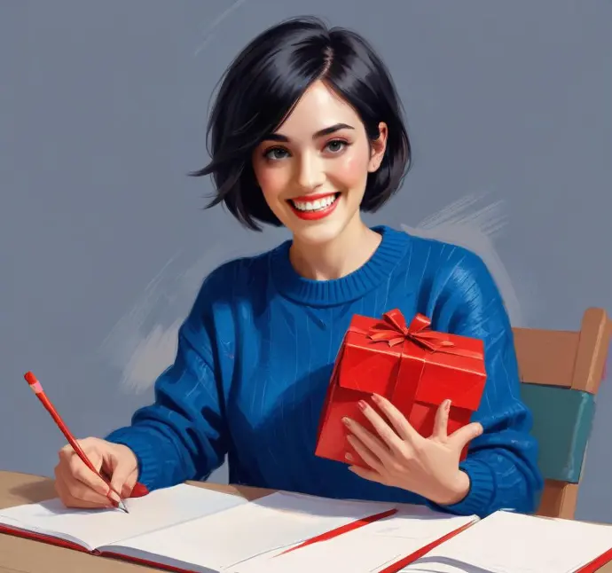 Una joven asiática con el pelo corto y oscuro, vestida con un suéter azul, sonriendo y sosteniendo una caja de regalo roja mientras estaba sentada en un escritorio y escribiendo en un cuaderno