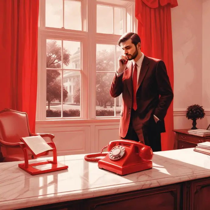 Un hombre caucásico de mediana edad con cabello corto y oscuro, vestido con traje y corbata negros, parado en una oficina con un teléfono rojo sobre un escritorio y cortinas rojas al fondo.