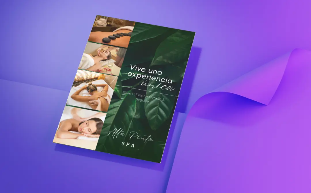 Una mujer de largo cabello castaño y una hoja verde en la portada de un libro titulado "Vive una experiencia spa