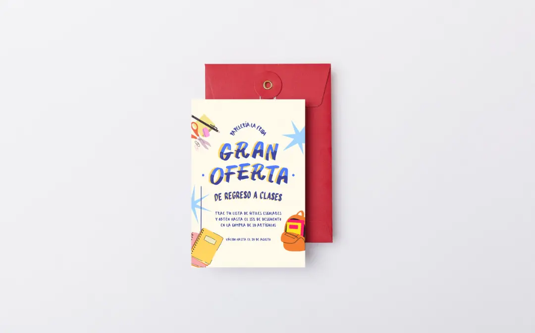Un sobre rojo con una invitación escrita a mano para un evento de "Gran Oferta", que presenta varios íconos e ilustraciones relacionados con una venta o promoción.