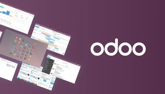 La pantalla de una computadora portátil que muestra el logotipo de Odoo sobre un fondo morado.