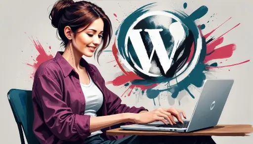 Una joven caucásica con cabello largo y oscuro, vestida con una chaqueta morada, sentada frente a una computadora portátil y trabajando en un sitio web de WordPress