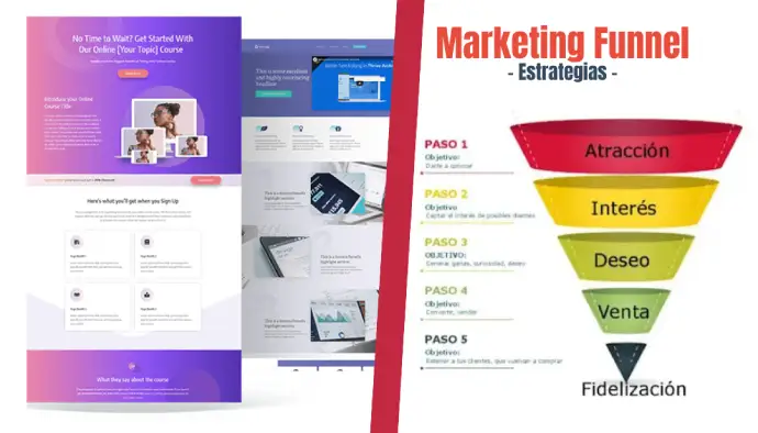 Un diagrama de estrategia de marketing que muestra diferentes pasos o fases, con coloridas formas geométricas e iconos que representan varios conceptos de marketing.
