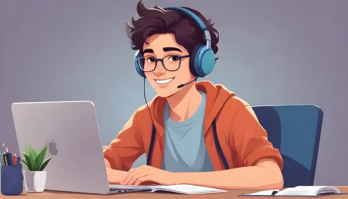 Un joven caucásico con cabello castaño y gafas, con auriculares azules y una camisa naranja, sentado en un escritorio y trabajando en una computadora portátil.