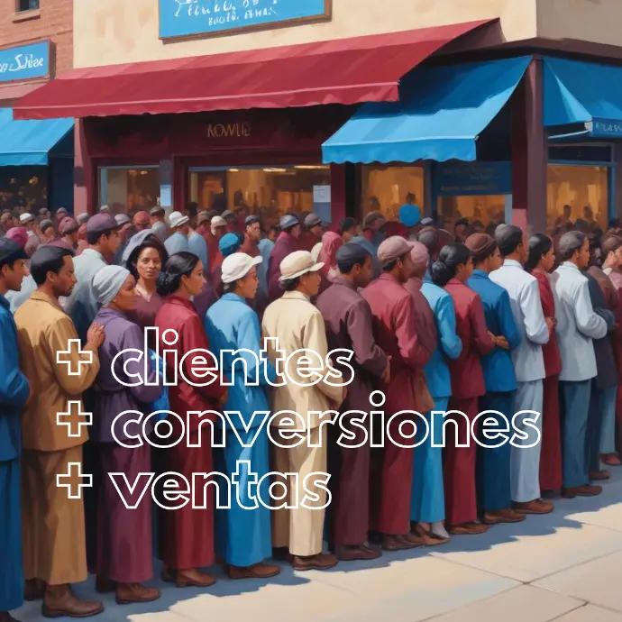 Una gran multitud de personas esperando en fila afuera de una tienda o negocio, con toldos coloridos y carteles visibles que dicen más clientes, más conversiones, más ventas.