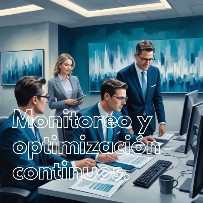 Un grupo de profesionales en un entorno de oficina moderno, trabajando juntos en un proyecto. La imagen muestra un equipo diverso de hombres y mujeres vestidos con vestimenta formal, reunidos alrededor de una mesa y usando computadoras y otros equipos de oficina. El fondo presenta una obra de arte abstracta en una combinación de colores azul y blanco con monitoreo y optimización continuos escritos en él.