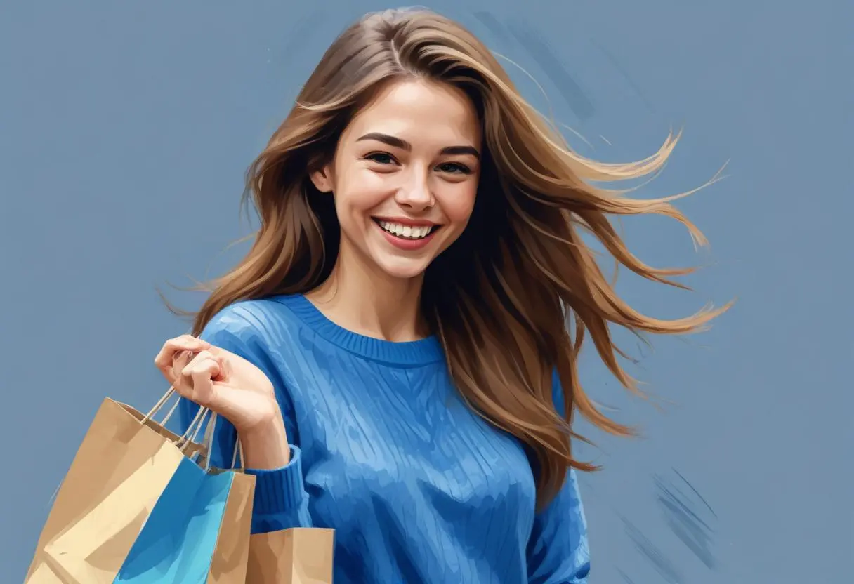 Una giovane donna caucasica con lunghi capelli castani ondulati che indossa una maglietta blu e tiene in mano una borsa della spesa, sorridente su uno sfondo blu