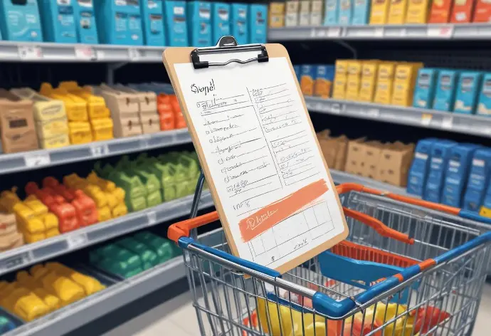 Una lista de compras en un portapapeles en un carrito de supermercado, con estantes de diversos productos alimenticios visibles al fondo