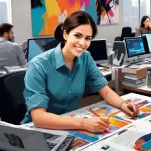 Un espacio de oficina moderno con un grupo de personas trabajando en computadoras, rodeado de coloridas obras de arte abstractas expuestas en las paredes y un diseñador experimentado editando los diseños gráficos de un cliente.