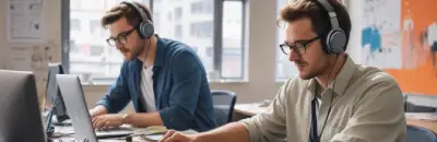 Dos hombres jóvenes, uno de ellos con gafas y auriculares, trabajando con ordenadores portátiles en un entorno de oficina con un fondo borroso