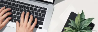 Las manos de una persona escribiendo en el teclado de una computadora portátil, con una planta en maceta visible en el fondo.
