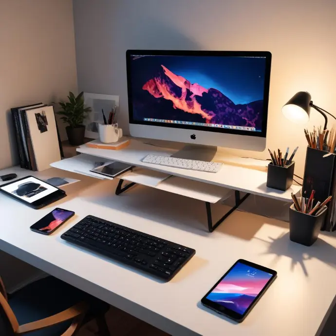 Una oficina doméstica moderna y minimalista con un gran monitor de computadora de escritorio, un teclado, un mouse y varios dispositivos electrónicos, como un teléfono inteligente y una tableta, sobre un escritorio blanco. El fondo de pantalla muestra un paisaje montañoso panorámico que se muestra en la pantalla de su computadora.