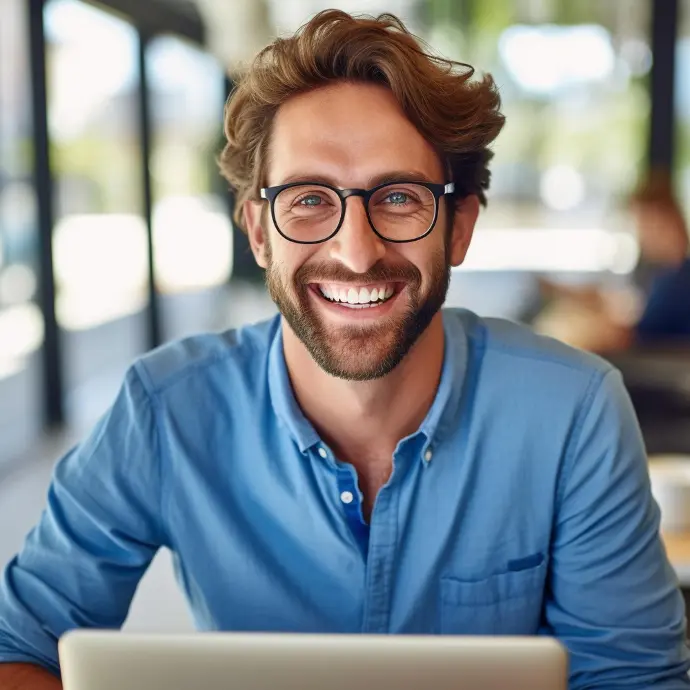 Un hombre caucásico sonriente de mediana edad, con cabello castaño rizado, anteojos y una camisa de cuello azul, sentado en un escritorio y usando una computadora portátil.