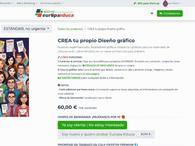 Imagen animada de la página de un producto, que muestra cómo agregar prioridad a un trabajo seleccionando la opción en la sección PRIORIDAD EN TRABAJOS a través de un menú desplegable
